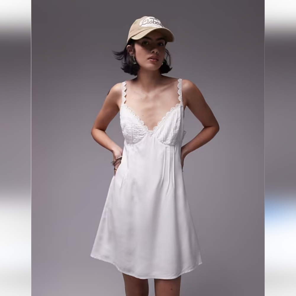 NWT! || TOPSHOP || slip dress lace trim pintucks mini white sz 12
